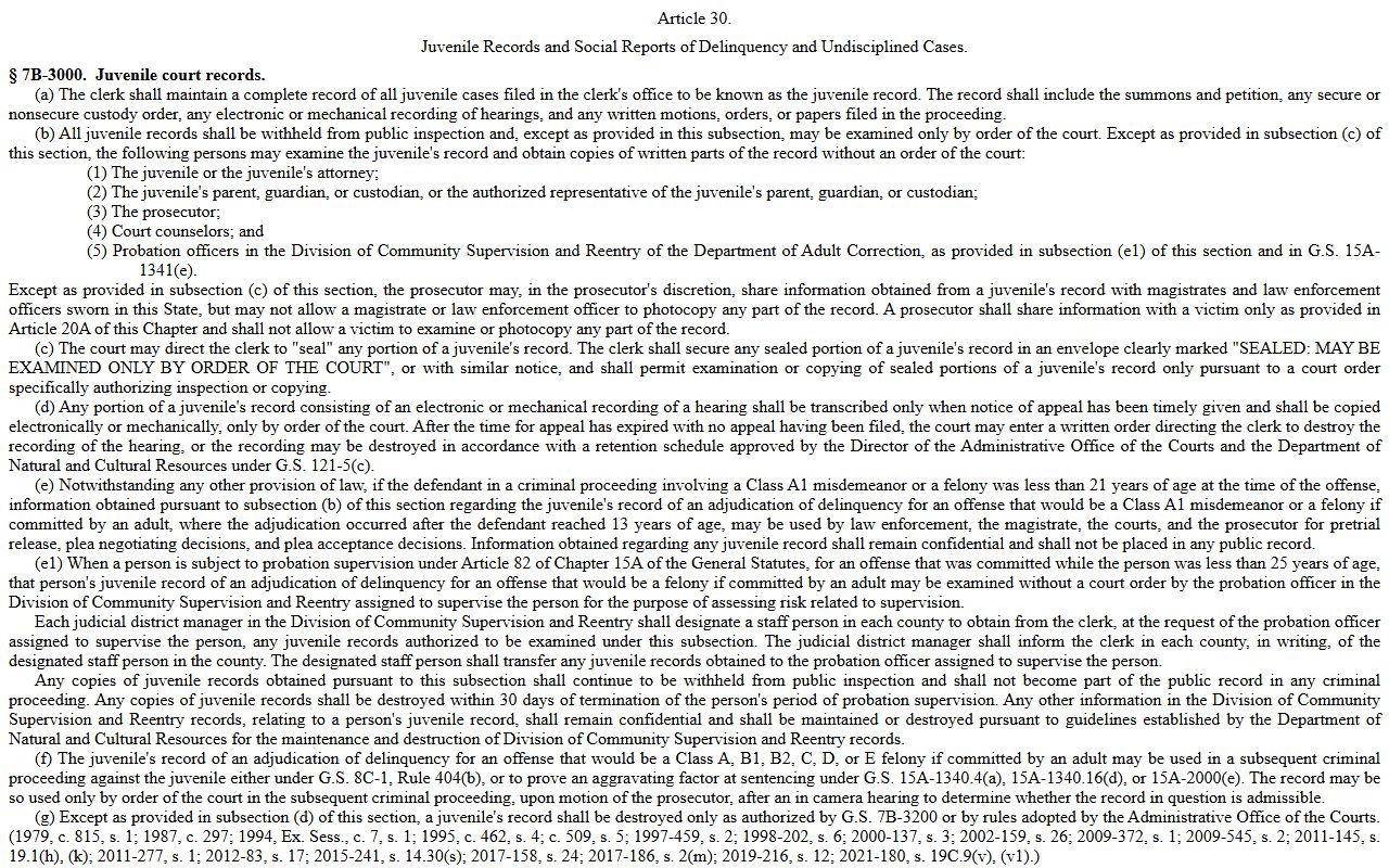Ashe County arrest records juvenile confidentiality statute