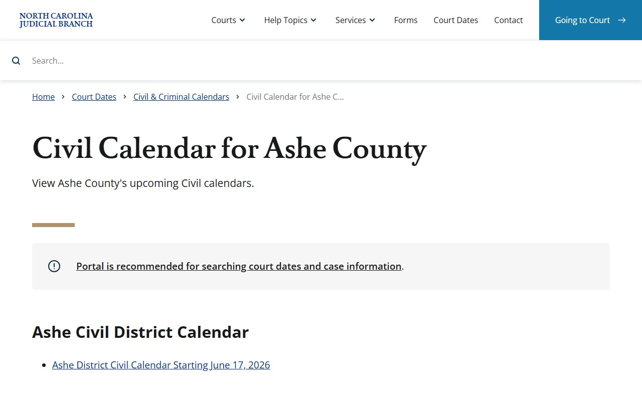 Ashe County court dockets civil calendar search