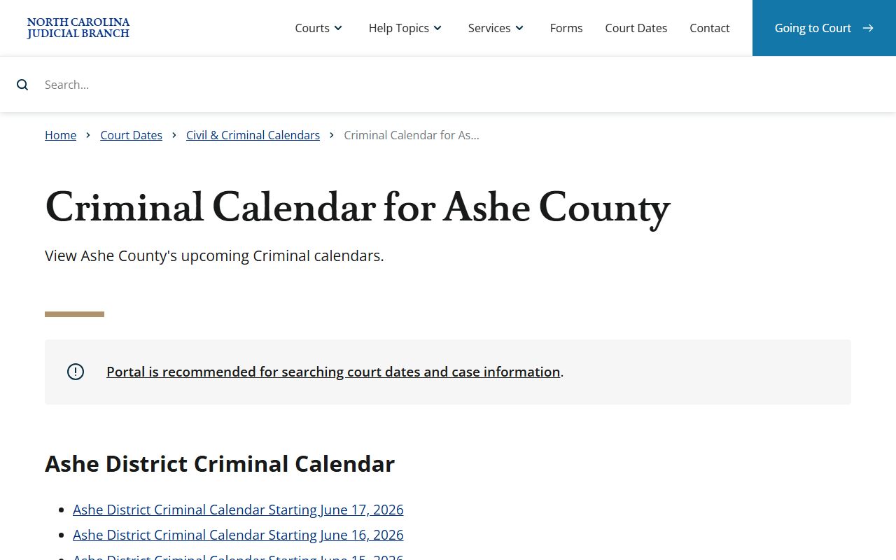 Ashe County court dockets criminal calendar search